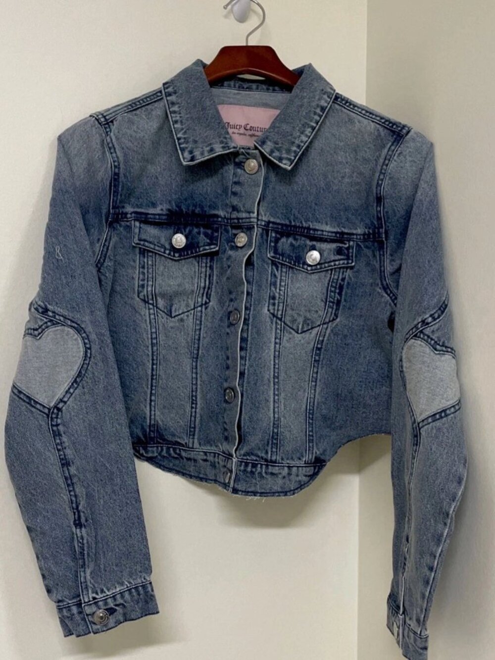 NWT Juicy Couture Cropped Denim Jacket Heart Elbow Patches Raw Hem M